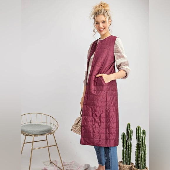 Easel Burgundy Long Quilted Vest - Picture 2 of 4
